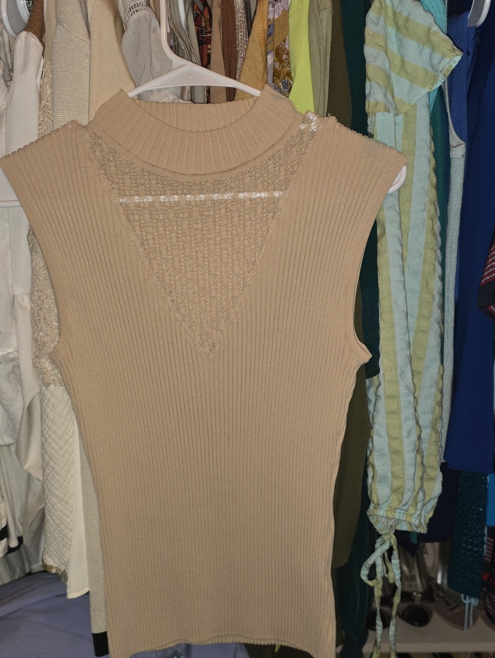 Beige Sleeveless Ribbed Mock Neck Top with Lace Inset